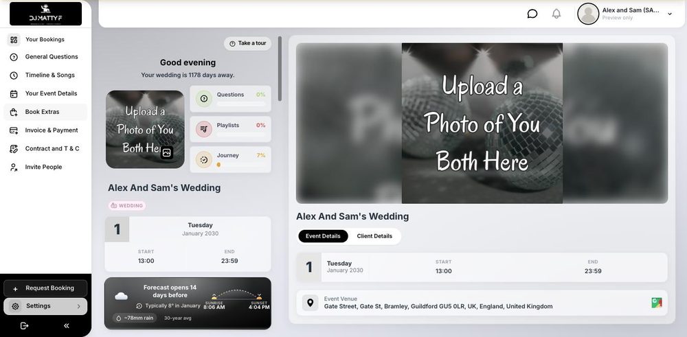 The planning portal home screen, showing the countdown to the wedding, progress on questions and playlists, and the event details