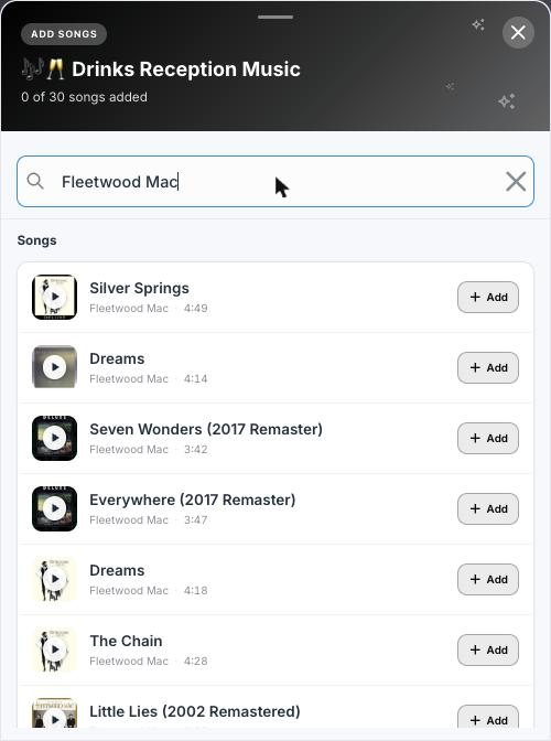 The same song search on a phone, with tracks listed and an add button beside each one
