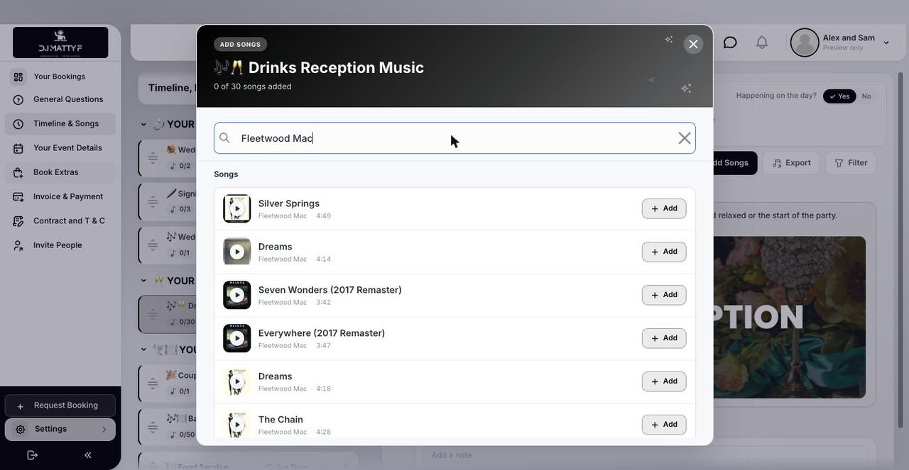 The portal&rsquo;s song search open on the drinks reception slot, with search results listed and an add button beside each track