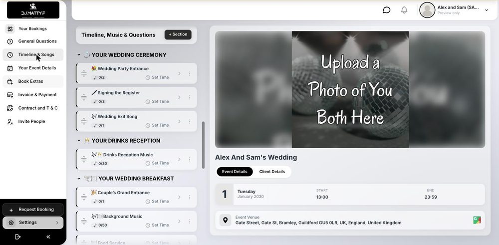 The timeline and songs screen, broken into the ceremony, drinks reception and wedding breakfast, with song slots for each moment